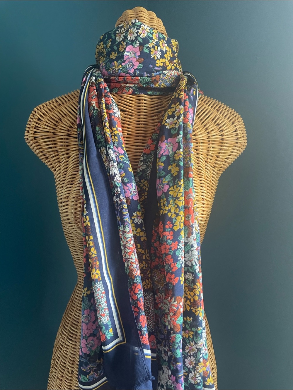 Talbots Large Oblong Scarf Wrap Navy Border Multi Colored Floral Tiny Fringe EUC